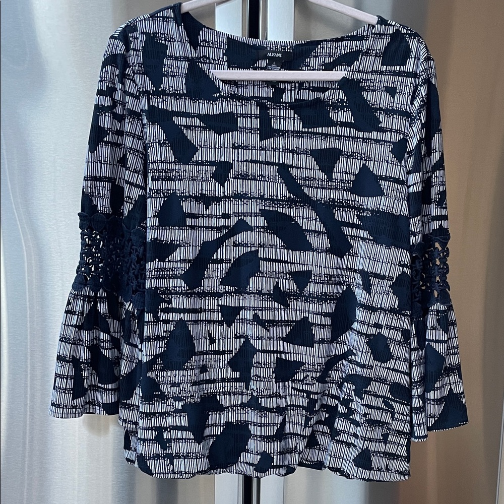 Alfani Navy and White Abstract Blouse
